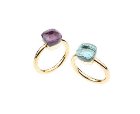 Two 'Nudo' gem set dress rings by Pomellato, the first with a partly faceted cushion-shaped amethyst in closed-back setting, 