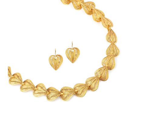 A necklace and ear pendants suite, of filigree leaf design, the ear pendants with wire fittings, yellow precious metal mounte