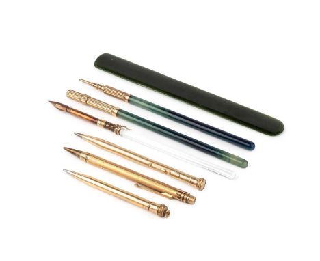 An agate handled gilt metal quill pen and pencil set, with blue banded agate cylindrical handles, another similar pen, with c