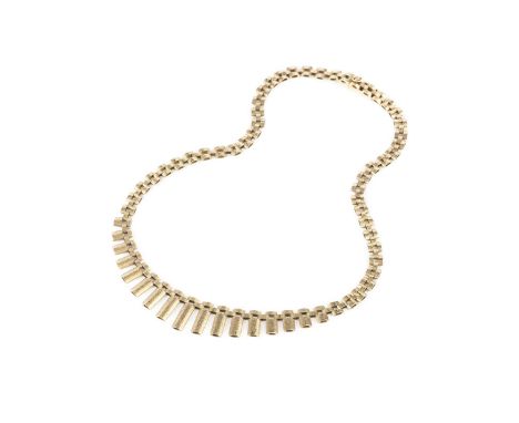 A 9ct gold fringe collar necklace, of tapered and textured brick-link design, hallmarked for London 1978, maker's mark NK, le