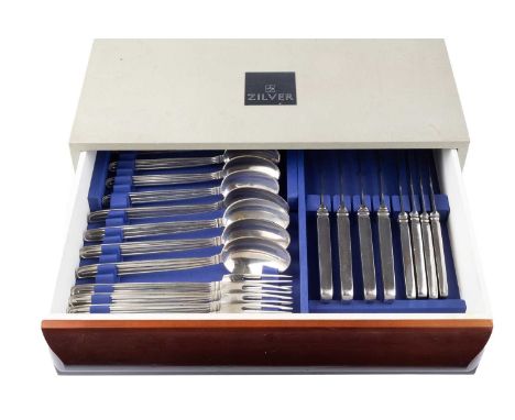 A mid 20th century service of Dutch silver flatware, 'Model 600' design by Gustav Beran with reeded handles, comprising 4 tab