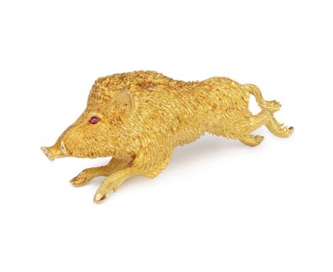 A French boar brooch, naturalistically modelled as a running boar, with textured body and cabochon ruby eye, with double pin 