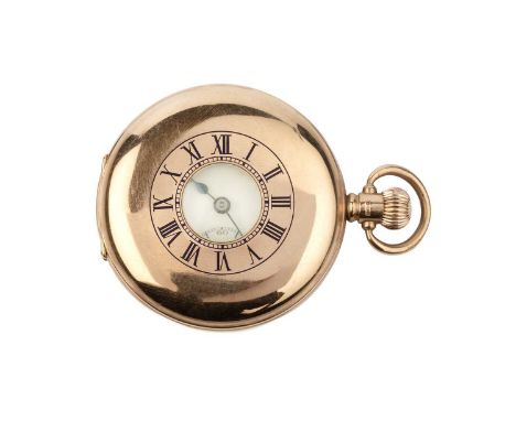 A 9ct gold half hunter pocket watch, the white enamel dial with black Arabic numerals and subsidiary seconds dial, to a keyle