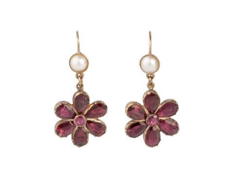 A pair of garnet and half pearl ear pendants, each suspending a flowerhead cluster of circular and pear-shaped garnets in foi