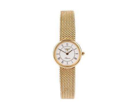 A 9ct gold 'Prèsence' bracelet watch by Longines, the circular white dial with black Roman numerals, to an ETA quartz movemen