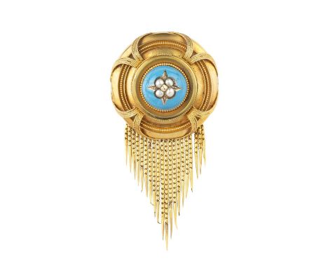 A Victorian enamel and half pearl panel brooch, the circular panel centred with a turquoise blue enamel boss, inset with a ha