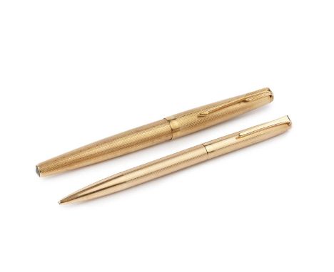 A 9ct gold Parker '61' fountain pen, with engine turned decoration, London 1963, 13.5cm, and a 9ct gold Yard-o-Led pencil, by
