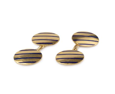 A pair of enamel cufflinks, each oval panel heightened with linear blue enamel decoration, on chain-link fittings, stamped '1