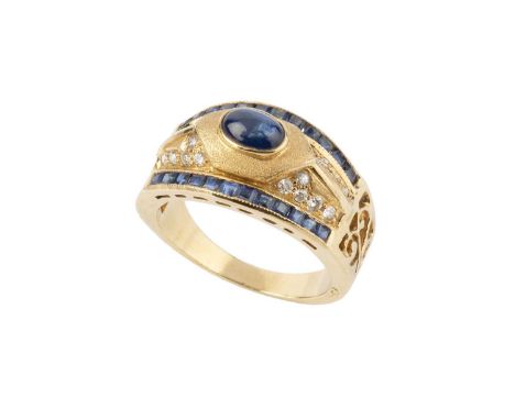 A sapphire and diamond dress ring, the oval cabochon sapphire collet set to a tapered band of part-textured design, edged wit