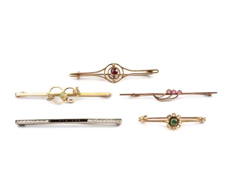 A collection of bar brooches, comprising a green stone and diamond flowerhead cluster bar brooch, (adapted), three gem set ba