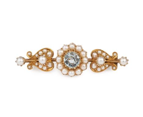 An aquamarine and half pearl bar brooch, centred with a circular mixed-cut aquamarine and half pearl cluster, to scrolled bar