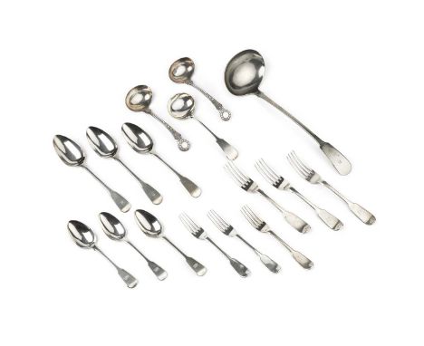 A matched part service of 19th century silver fiddle pattern flatware, comprising 6 dessert forks and 6 dessert spoons by Wil