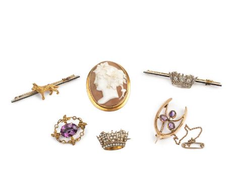 A collection of brooches, comprising a diamond naval crown bar brooch, stamped 'PLAT 14CT', a half pearl naval crown brooch, 
