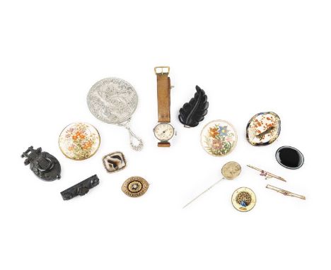 A collection of 19th century and later jewellery, comprising an enamel and half pearl set panel brooch/pendant, of navette de