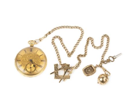 An early Victorian 18ct gold open face pocket watch, the circular gilt dial with Roman numerals and subsidiary seconds dial, 