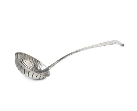 A George III Irish silver soup ladle, with scalloped bowl and bright-cut handle by John Power, Dublin 1793, 36cm long, 5oz