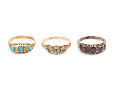 Three dress rings, comprising a three stone ring, with beaded pinched collet settings and foliate scroll engraved shoulders, 