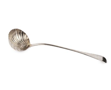 A George III silver old English pattern soup ladle, with scalloped bowl, maker's mark worn, London 1812, 34cm long, 6oz