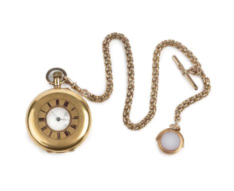 A half hunter pocket watch, the white enamel dial with Roman numerals and subsidiary seconds dial, to a keyless wind movement