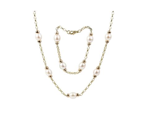 A cultured pearl necklace and bracelet suite, of belcher-link design, with single pearl spacers, 9ct gold mounted, maker's ma