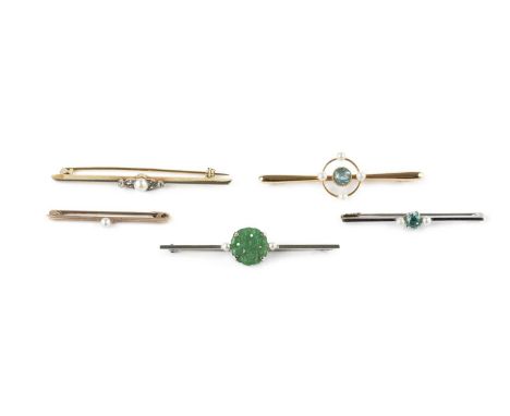 A collection of bar brooches, comprising a bouton pearl and diamond bar brooch, a jade and bouton pearl bar brooch, stamped '