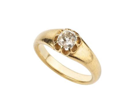 A diamond single stone gypsy ring, the cushion-shaped old-cut diamond in pinched claw setting, yellow precious metal mounted,