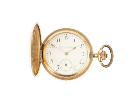 A hunter pocket watch, the white dial with black Arabic numerals and subsidiary seconds dial, to a keyless wind movement, the