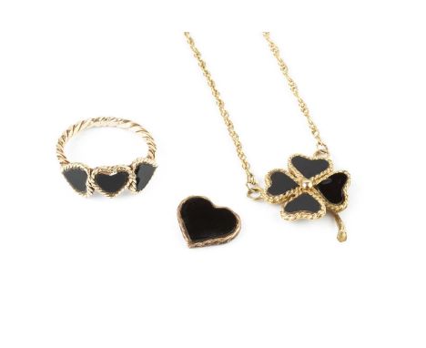 A black onyx pendant necklace, designed as a four-leaf clover on a ropetwist-link chain, 9ct gold mounted, together with a bl