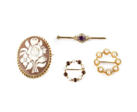 Three gem set brooches, comprising an amethyst and diamond bar brooch, a garnet and cultured pearl wreath brooch, and a cultu