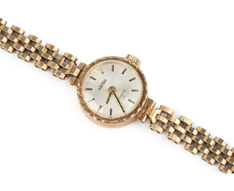 A lady's 9ct gold bracelet watch by Roamer, the circular silvered dial with baton markers, to a jewelled manual wind movement