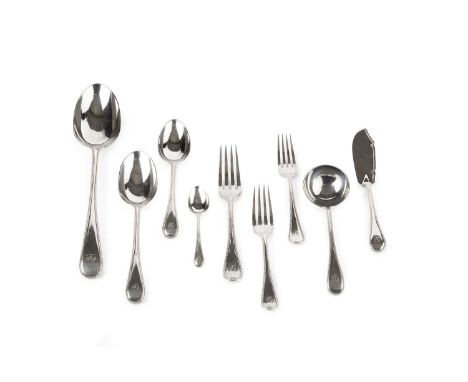 A matched service of late Victorian silver bead pattern flatware, comprising a gravy spoon, 4 table spoons, sauce ladle, butt