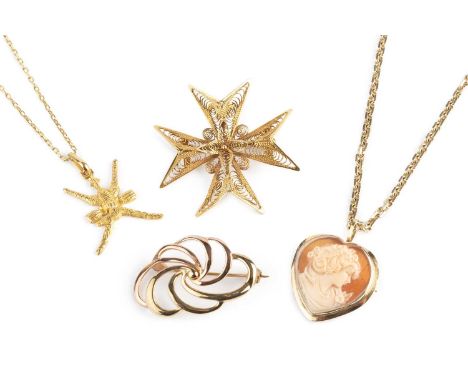 A small collection of jewellery, comprising a filigree Maltese cross brooch/pendant, with Maltese gold mark, stamped 'C18', a