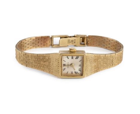 A lady's 9ct gold bracelet watch by Zenith, the square silvered dial with black Roman numerals, to a jewelled manual wind mov