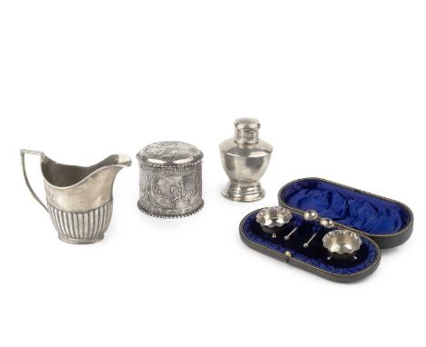 A late 19th century Continental silver cylindrical jar and cover, embossed with scenes of figures on horseback, import marks 