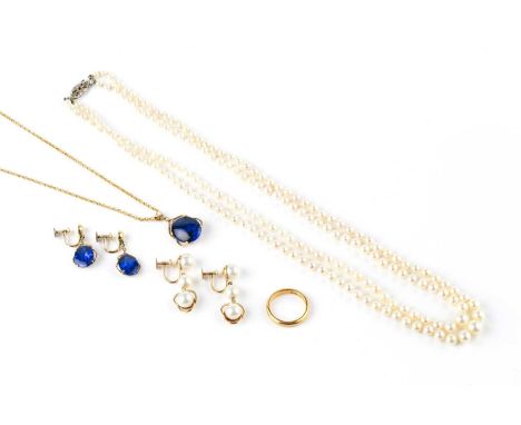 A collection of jewellery, comprising a pair of cultured pearl ear pendants, stamped '18K', a blue stone pendant and ear pend