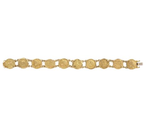 A bracelet and earrings suite by Massimo Izzo, in the Archaeological Revival style, the bracelet designed as a series of anci