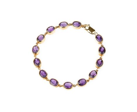 An amethyst line bracelet, designed as a series of oval mixed-cut amethysts in collet settings, 9ct gold mounted, length 19.5