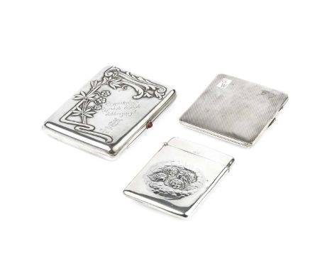 A Latvian silver cigarette case, the cover relief decorated with stylised flowers and foliage, and having engraved inscriptio