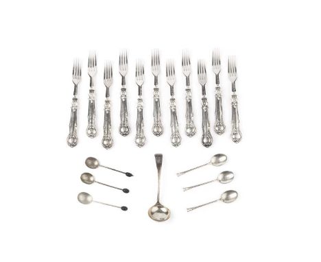 A set of eleven early Victorian silver dessert forks, by John Oxley, Sheffield 1853 and 1854, a silver sauce ladle, and vario
