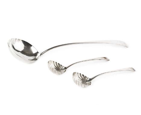 A George III silver old English pattern soup ladle, by George Smith III, London 1785, and a pair of sauce ladles by the same 
