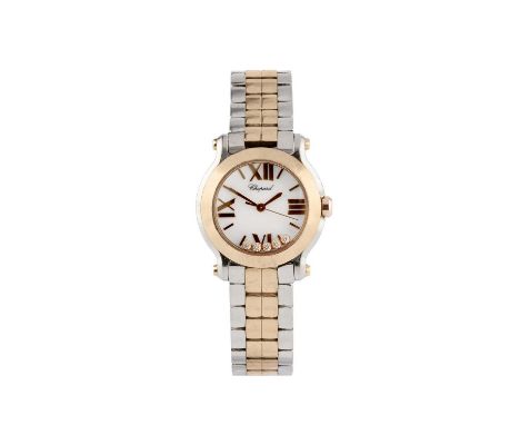 A lady's stainless steel, rose gold and diamond set 'Happy Sport Mini' bracelet watch by Chopard, the circular white dial wit