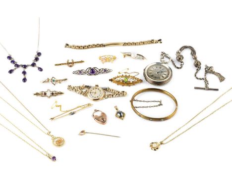 A collection of jewellery and watches, comprising a sapphire and diamond three stone bar brooch, stamped '18CT', a lady's 9ct