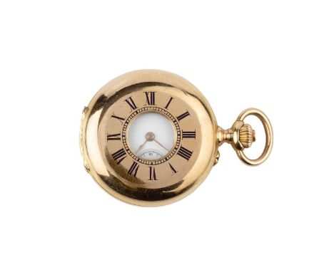 A 19th century gold and enamel half hunter fob watch, the white enamel dial with Roman numerals, subsidiary seconds dial and 