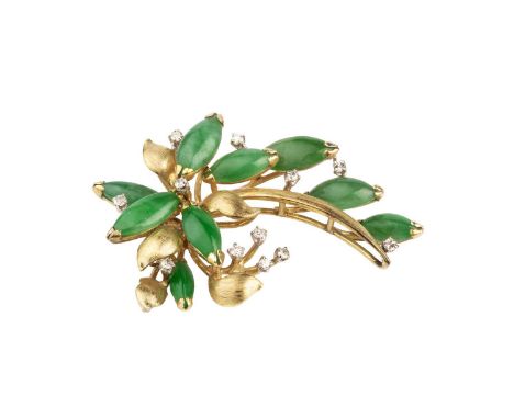 A jade and diamond spray brooch, designed as a tiered abstract spray of navette-shaped jadeite cabochons interspersed with si