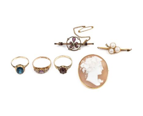 A collection of jewellery, comprising a half pearl and diamond set three leaf clover bar brooch, stamped '9CT', an oval shell