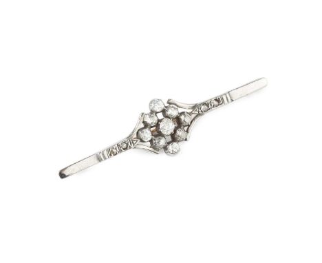 A diamond set bar brooch, designed as a lozenge-shaped openwork cluster of graduated old-cut diamonds, to a possibly later ba