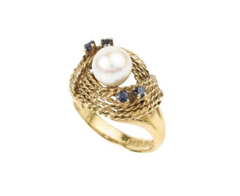 A cultured pearl and sapphire set dress ring, of crossover ropetwist design, highlighted with a cultured pearl and pairs of c