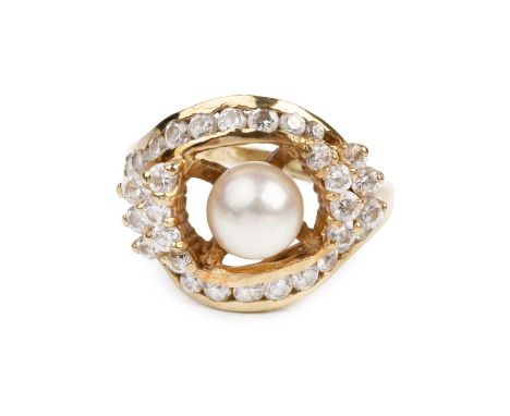 A cultured pearl and white stone cluster ring, of crossover design, stamped '18ct', ring size MApproximate gross weight only 