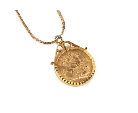 A sovereign pendant on chain, the Edward VII sovereign dated 1908, initialled M for the Melbourne Mint, loose mounted in a sc