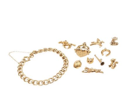 A 9ct gold fancy curb-link bracelet, accompanied by assorted 9ct gold loose charms, to include a jockey on horseback, a stag,